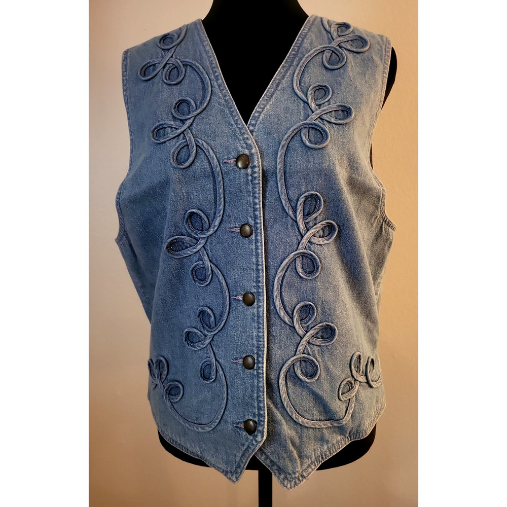 VTG Liz Wear Women's Sm Denim Vest Rope Detail Mixed Media Rodeo Cowgirl Western